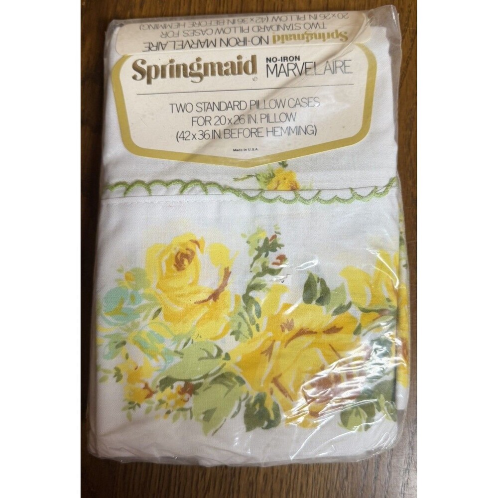 Springmaid No Iron Marvelaire Standard Pillowcase 2 Pack Yellow Rose NOS USA